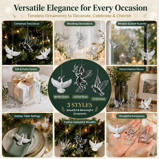 Crystal Flat Dove Christmas Ornament Set (30 PCS) – Elegant Peace Dove Hanging Pendant, Wedding Party Window Display Decor and Holiday Tree Accessories