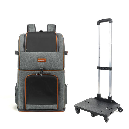 Grey Double Layer Pet Backpack and Trolley Carrier - Foldable Large Capacity Design, Breathable Mesh Window, Zipper Access, Fixing Attachment and Organised Side Storage for Travel and Vet Visits