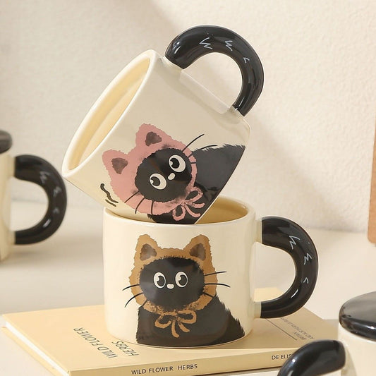 Brown Cute Cat Ceramic Mug with Lid 360ml, Kawaii Coffee Cup Gift Set for Home Office Tea Cocoa and Hot Drinks