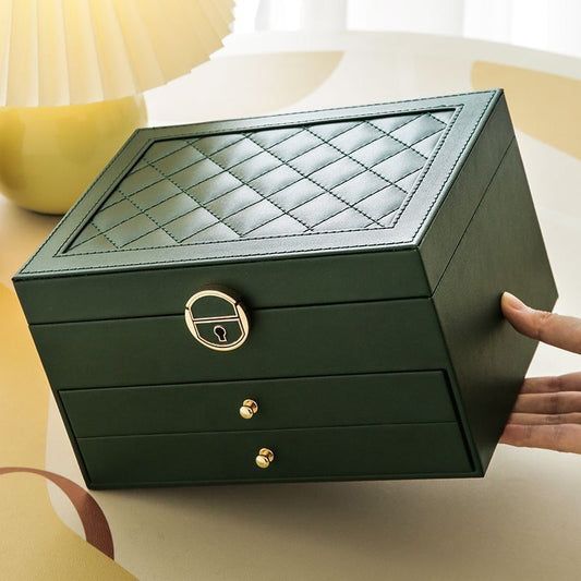 Dark Green Large Lockable Jewellery Box with 3 Drawers PU Leather Jewellery Organiser Case for Rings Earrings Necklaces Watches and Bracelets