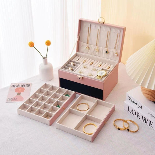 Pink Large Lockable Jewellery Box with 3 Drawers PU Leather Jewellery Organiser Case for Rings Earrings Necklaces Watches and Bracelets