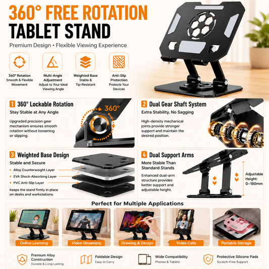 Black 360 Degree Rotating Tablet and Phone Stand Adjustable Desktop Holder Foldable Aluminium Alloy Device Stand for Video Calls Streaming Study and Office Us