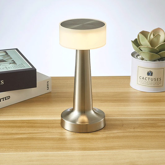 Silver Rechargeable Acrylic Shade UFO Table Lamp Touch Control LED Bedside Night Light, Cordless Ambient Desk Lamp for Bedroom Living Room Camping