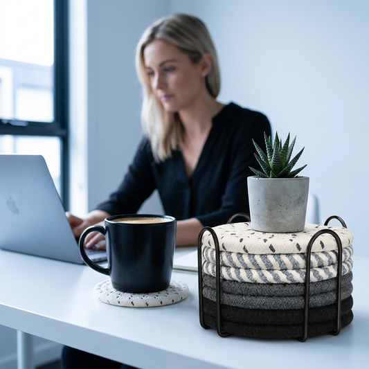 Black 8 Piece Handmade Braided Cotton Coasters Set with Holder 4.3 Inch Round Absorbent Drink Coasters Heat Resistant Table Protection Cup Mats for Home Kitchen