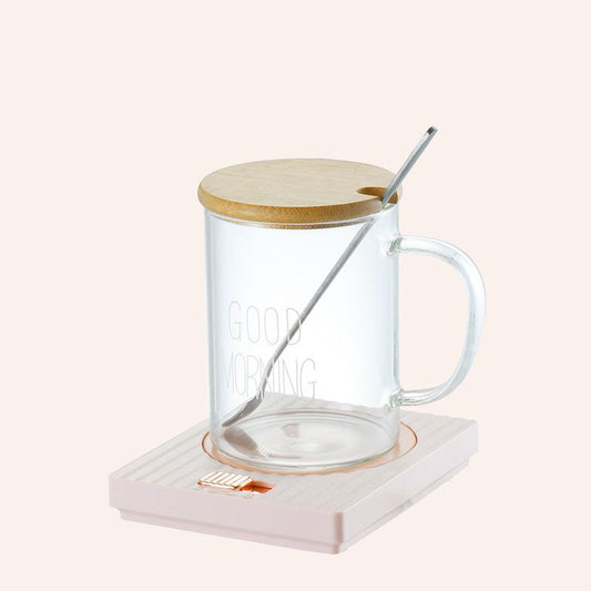 Pink Coffee Mug Warmer Set with Glass Mug and Lid USB Powered 13W Constant Temperature Heating Coaster Approx 45C for Office Home Gift Use