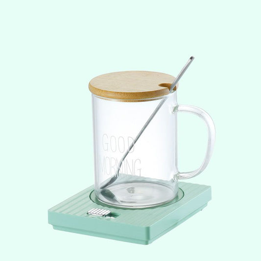 Green Coffee Mug Warmer Set with Glass Mug and Lid USB Powered 13W Constant Temperature Heating Coaster Approx 45C for Office Home Gift Use