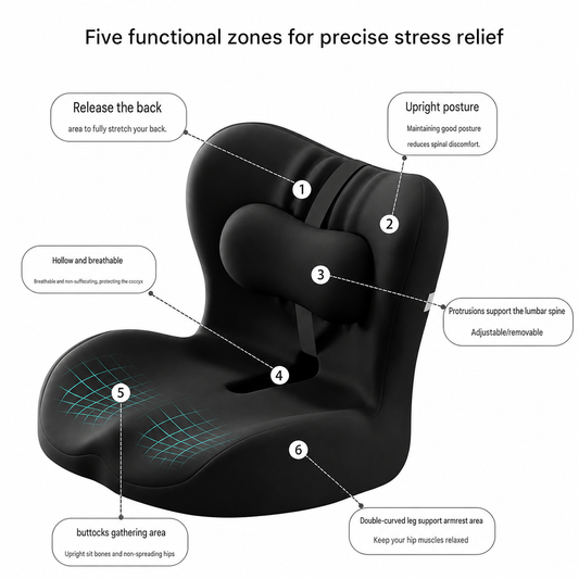 Ergonomic Memory Foam Seat Cushion with Black Support Integrated One Piece Design Pressure Relief Chair Cushion Black for Office Car Home Use