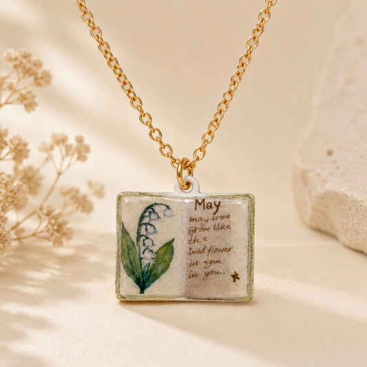 Vintage-style book necklace with May birthday flowers, a luxurious gold-plated bronze exquisite floral pendant gift