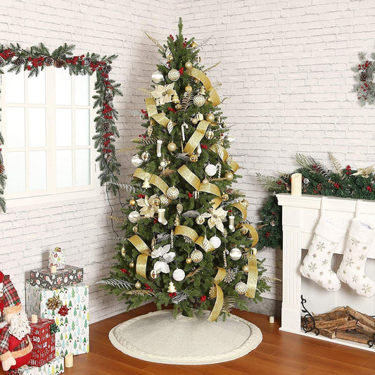 Knitted Christmas Tree Skirt 48 Inch White Round Tree Base Cover with Cable Knit Border Soft Holiday Tree Skirt Rustic Christmas Decor for Home Fireplace Party Festive Gift Display