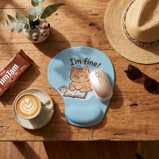 Ergonomic Gel Wrist Support Mouse Pad Cat reading pattern (I'm fine!) Soft Silicone Wrist Rest Desk Accessory for Office Home Gaming Comfortable Non Slip Ergonomic Computer Use