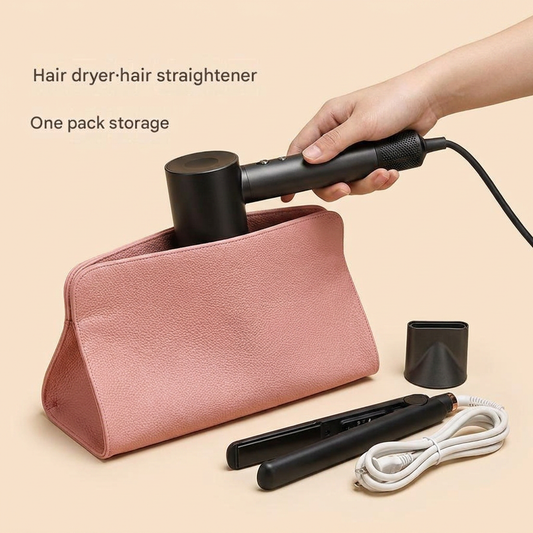 Pink Hair Dryer Storage Bag - Faux Leather Travel Organizer with Magnetic Closure, Waterproof Heat Resistant Pouch for Straighteners Curling Irons and Styling Tools