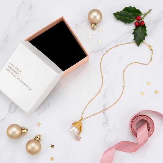 Pearl Santa Hat Star Necklace – Gold Plated Dainty Christmas Pendant Necklace with Faux Pearl & Star Charm, Includes Gift Box, Elegant Holiday Gift Jewelry for Women