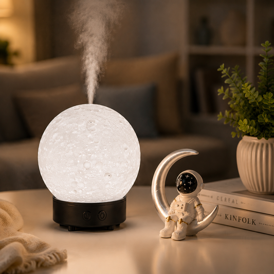 Moonlight Dreams Moon Lamp Humidifier Night Light USB Aroma Diffuser with Astronaut Figurine 7-Color LED Galaxy Bedroom Decor Gift for Teenager & Adults (Black base)