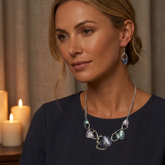Blue Elegant Oil Drip Necklace and Earrings Set for Women, Irregular Design Alloy Jewelry Set, Fashion Statement Pendant Necklace with Drop Earrings, Blue Green Enamel Jewelry Gift Set with Jewelry Box Included