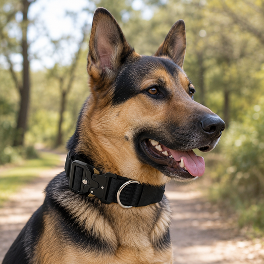 Black Tactical Dog Collar for Large Dogs (L size)- Wide Padded Nylon Collar with Quick Release Metal Buckle, Control Handle and D-Ring for Walking and Training