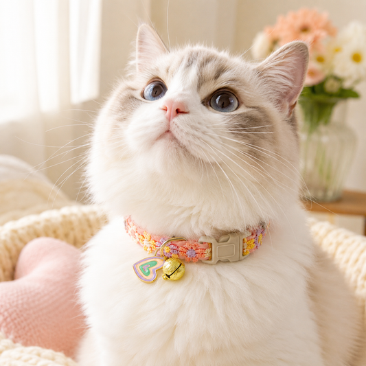 Floral Lace Pet Collar with Bell and Charm (Heart-shaped design)- Adjustable Polyester Cat Collar for Small Dogs and Cats, Colourful Embroidered Neck Collar, Cute Puppy Kitten Accessory, 18-30cm