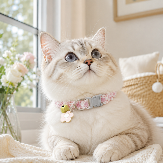 Floral Lace Pet Collar with Bell and Charm (Pink flower design)- Adjustable Polyester Cat Collar for Small Dogs and Cats, Colourful Embroidered Neck Collar, Cute Puppy Kitten Accessory, 18-30cm