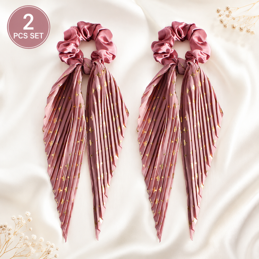 Deep pink Vintage Ribbon Ponytail Scrunchie 2 Pack for Women Pleated Satin Hair Tie with Long Ribbon Tails Elegant Retro Hair Accessory for Ponytail Styling Daily Wear Party Travel Gift