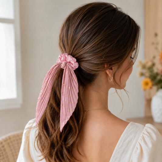 Pink Vintage Ribbon Ponytail Scrunchie 2 Pack for Women Pleated Satin Hair Tie with Long Ribbon Tails Elegant Retro Hair Accessory for Ponytail Styling Daily Wear Party Travel Gift