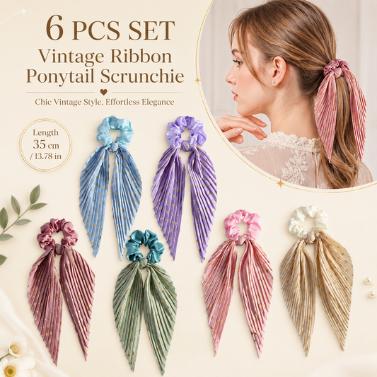 6 Pack Vintage Ribbon Ponytail Scrunchies for Women Pleated Satin Hair Ties with Long Ribbon Tails Elegant Retro Hair Accessories Set for Ponytail Styling Daily Wear Party Travel Gift