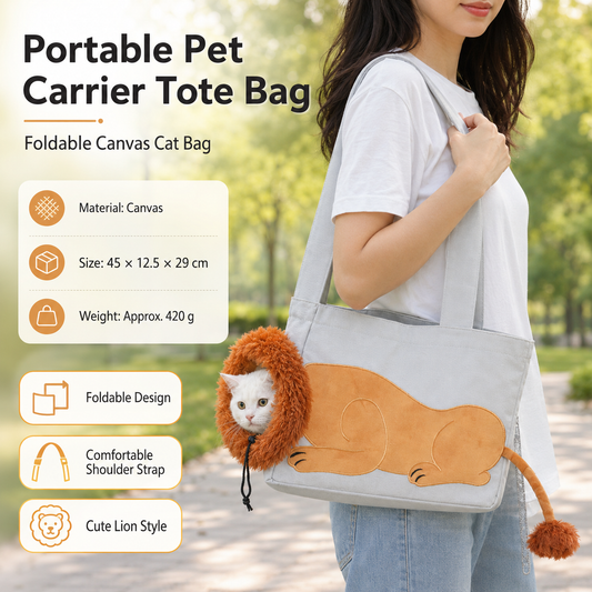 Lion Style Canvas Pet Carrier Grey Bag(big size 45*12.5*29cm) - Adjustable Head Opening, Breathable Mesh, 8cm Wide Shoulder Strap, PE Support Base, Portable Crossbody Sling for Cats and Dogs, Travel Friendly Design