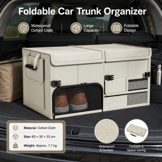 White Car Boot Organiser - Foldable Waterproof Large Capacity Trunk Storage Box, Space Saving Vehicle Cargo Storage for Groceries, Tools and Travel Essentials