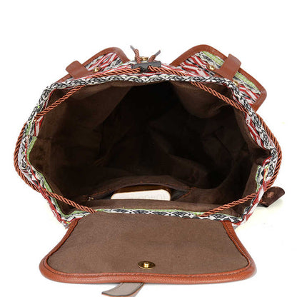 Lozenge Pattern Bohemian Style Canvas Backpack - Vintage Tribal Pattern Travel Bag with Leather Straps