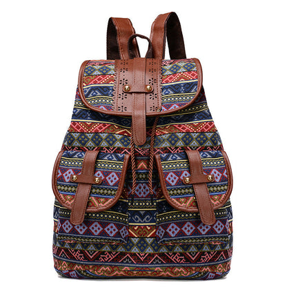 Diamond Pattern Bohemian Style Canvas Backpack - Vintage Tribal Pattern Travel Bag with Leather Straps
