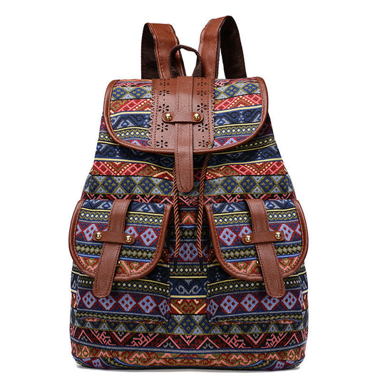 Diamond Pattern Bohemian Style Canvas Backpack - Vintage Tribal Pattern Travel Bag with Leather Straps