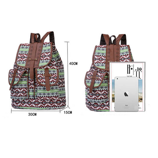 Diamond Pattern Bohemian Style Canvas Backpack - Vintage Tribal Pattern Travel Bag with Leather Straps