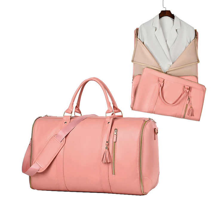 White And Brown  PU Leather Foldable Garment Bag, Women's Travel Duffel with Suit Carrier, Multi-Function Storage