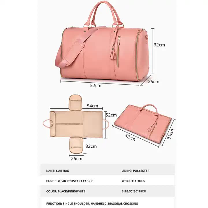 White And Brown  PU Leather Foldable Garment Bag, Women's Travel Duffel with Suit Carrier, Multi-Function Storage