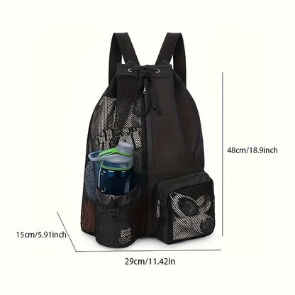 Black Mesh Drawstring Backpack - Lightweight Sports and Beach Bag with Pockets