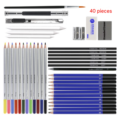 Light Blue 40-Piece Drawing Pencil Set, Professional Art Kit in Convenient Storage Case