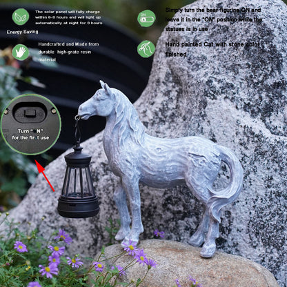 Brown Solar-Powered Horse Statue with LED Lantern - Rustic Outdoor Garden Ornament