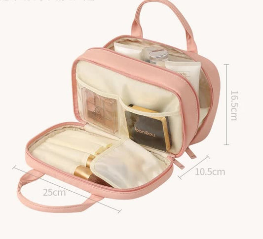 Blue Premium PU Leather Portable Makeup Bag - Large Capacity Waterproof Travel Cosmetic Organizer(Cosmetics are shooting props, not included)