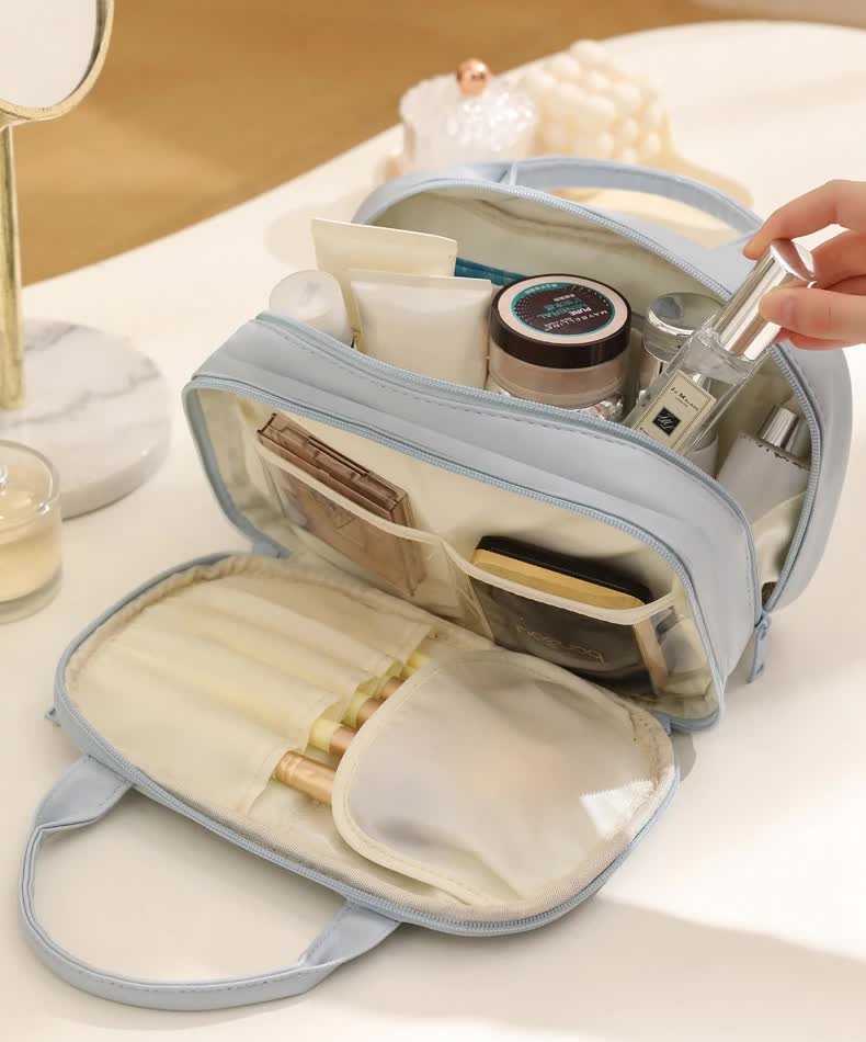 Blue Premium PU Leather Portable Makeup Bag - Large Capacity Waterproof Travel Cosmetic Organizer(Cosmetics are shooting props, not included)