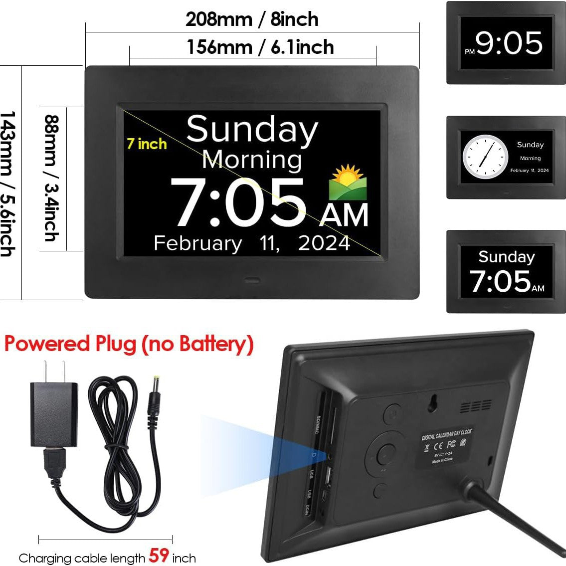 White Crystal Clear 7-Inch Digital Day Clock with Auto Dimming & Voice Assist - Perfect for Seniors