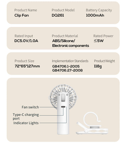 Apricot Portable Multifunctional Clip Fan DQ261 - 1000mAh Battery, 3-Speed, Quiet Cooling for Summer