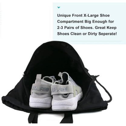 Blue Multi-Pocket Drawstring Backpack Gym Bag with Zipper Compartments, Bottle Holders & Reflective Strip