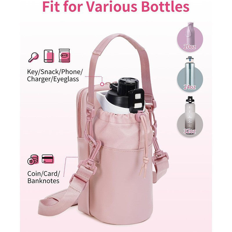 Green Stylish Water Bottle Carrier Bag with Phone Pocket, Key Clip & Adjustable Strap - Crossbody Sling Holder