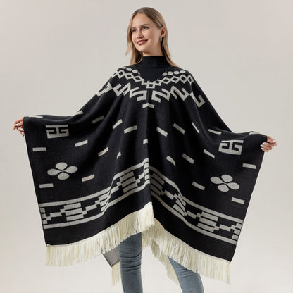 Green Women's Versatile Faux Cashmere Poncho Cape Shawl with Geometric Pattern & Fringe Trim - One Size
