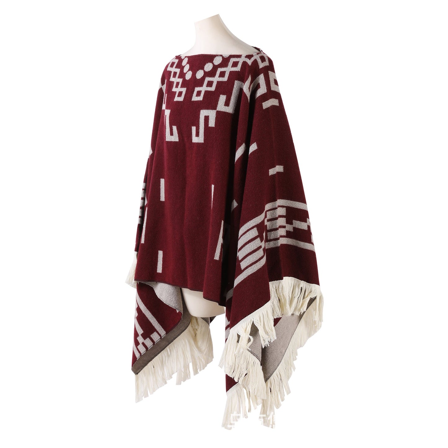 Wine red Women's Versatile Faux Cashmere Poncho Cape Shawl with Geometric Pattern & Fringe Trim - One Size