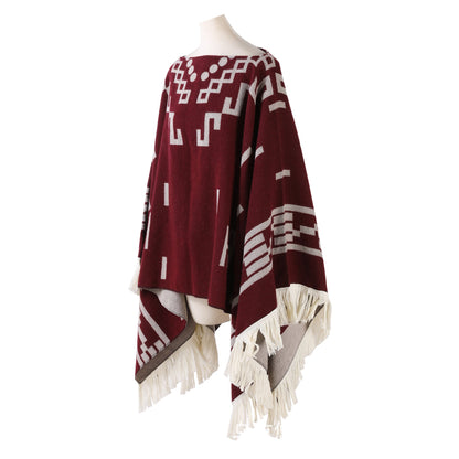 Wine red Women's Versatile Faux Cashmere Poncho Cape Shawl with Geometric Pattern & Fringe Trim - One Size