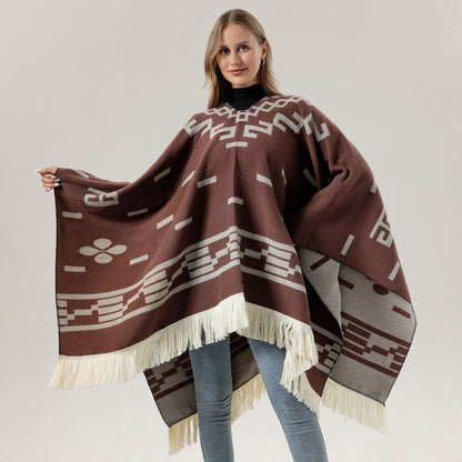 Wine red Women's Versatile Faux Cashmere Poncho Cape Shawl with Geometric Pattern & Fringe Trim - One Size