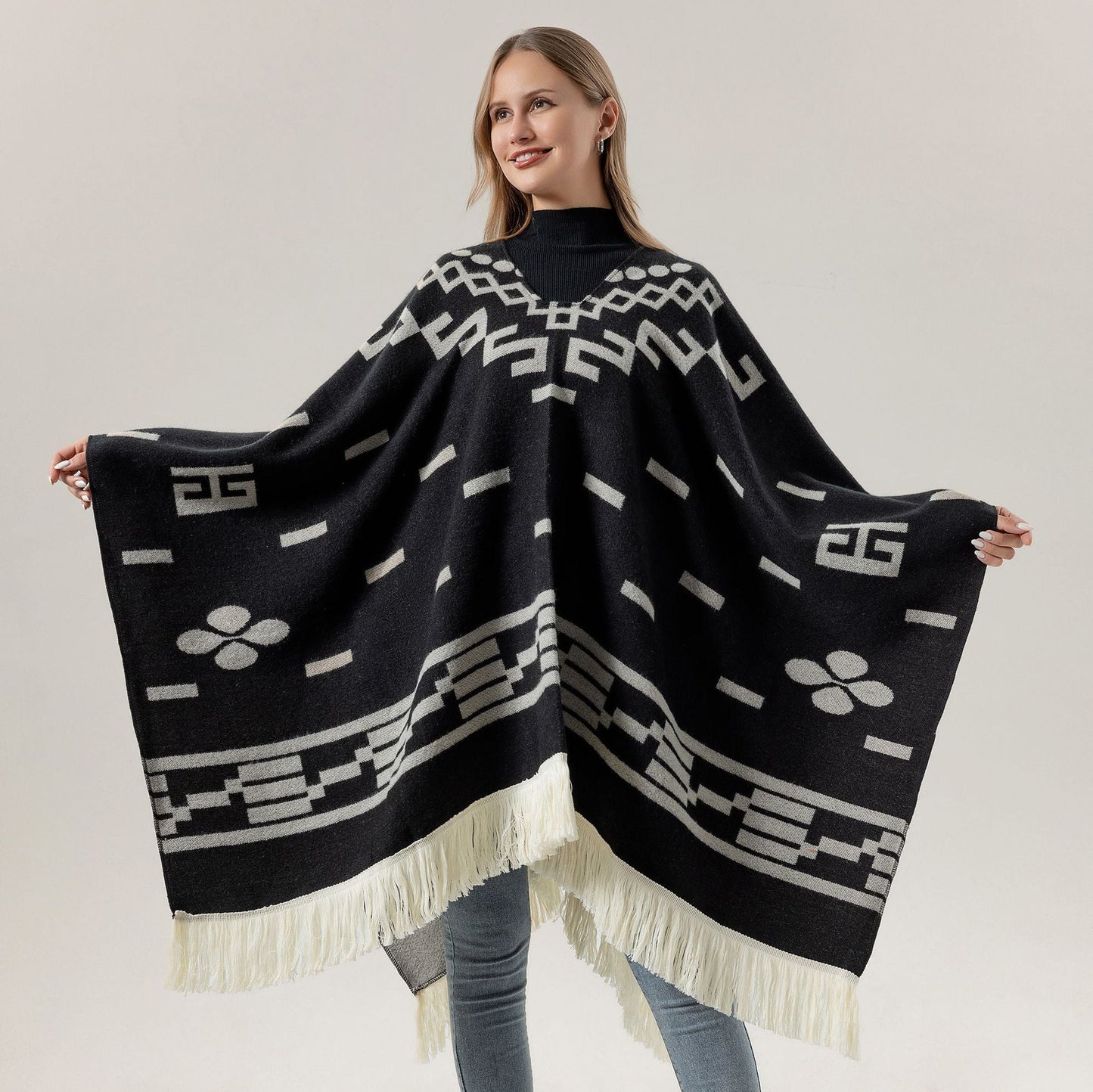 Wine red Women's Versatile Faux Cashmere Poncho Cape Shawl with Geometric Pattern & Fringe Trim - One Size