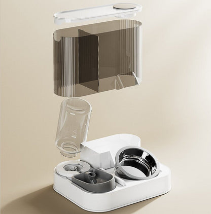 Automatic Pet Feeder and Water Bowl - 2-in-1 Grey Stainless Steel Bowl Cat Feeding Station