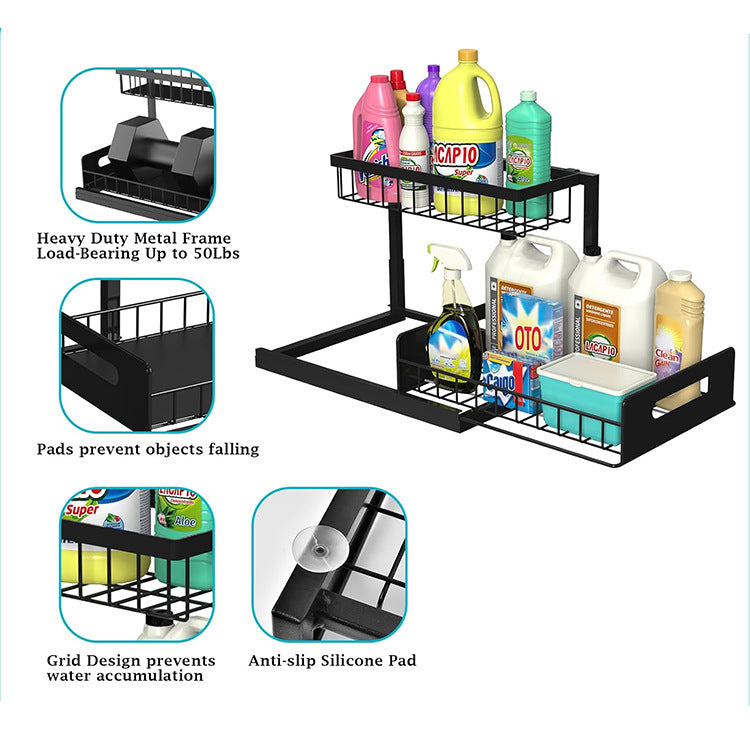 2-Tier Under Sink Organizer and Storage - Heavy Duty Metal Pull-Out Cabinet Organizer, L-Shaped Sliding Drawer Rack for Kitchen, Bathroom, and Pantry - Black