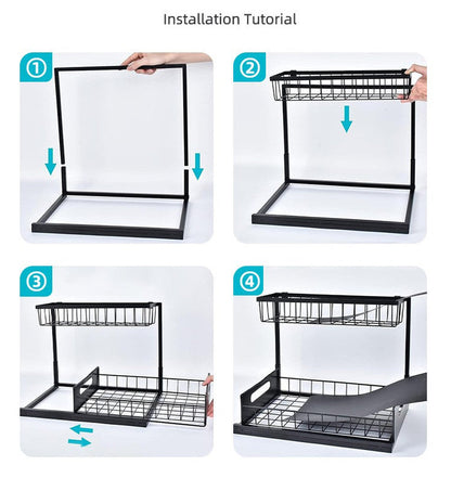 2-Tier Under Sink Organizer and Storage - Heavy Duty Metal Pull-Out Cabinet Organizer, L-Shaped Sliding Drawer Rack for Kitchen, Bathroom, and Pantry - Black