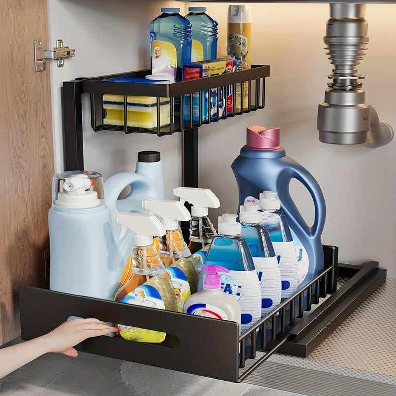 2-Tier Under Sink Organizer and Storage - Heavy Duty Metal Pull-Out Cabinet Organizer, L-Shaped Sliding Drawer Rack for Kitchen, Bathroom, and Pantry - White
